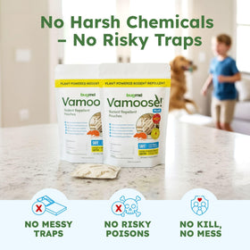 BugMD Vamoose Plus pouches in attic create a scent barrier against nesting rodents.