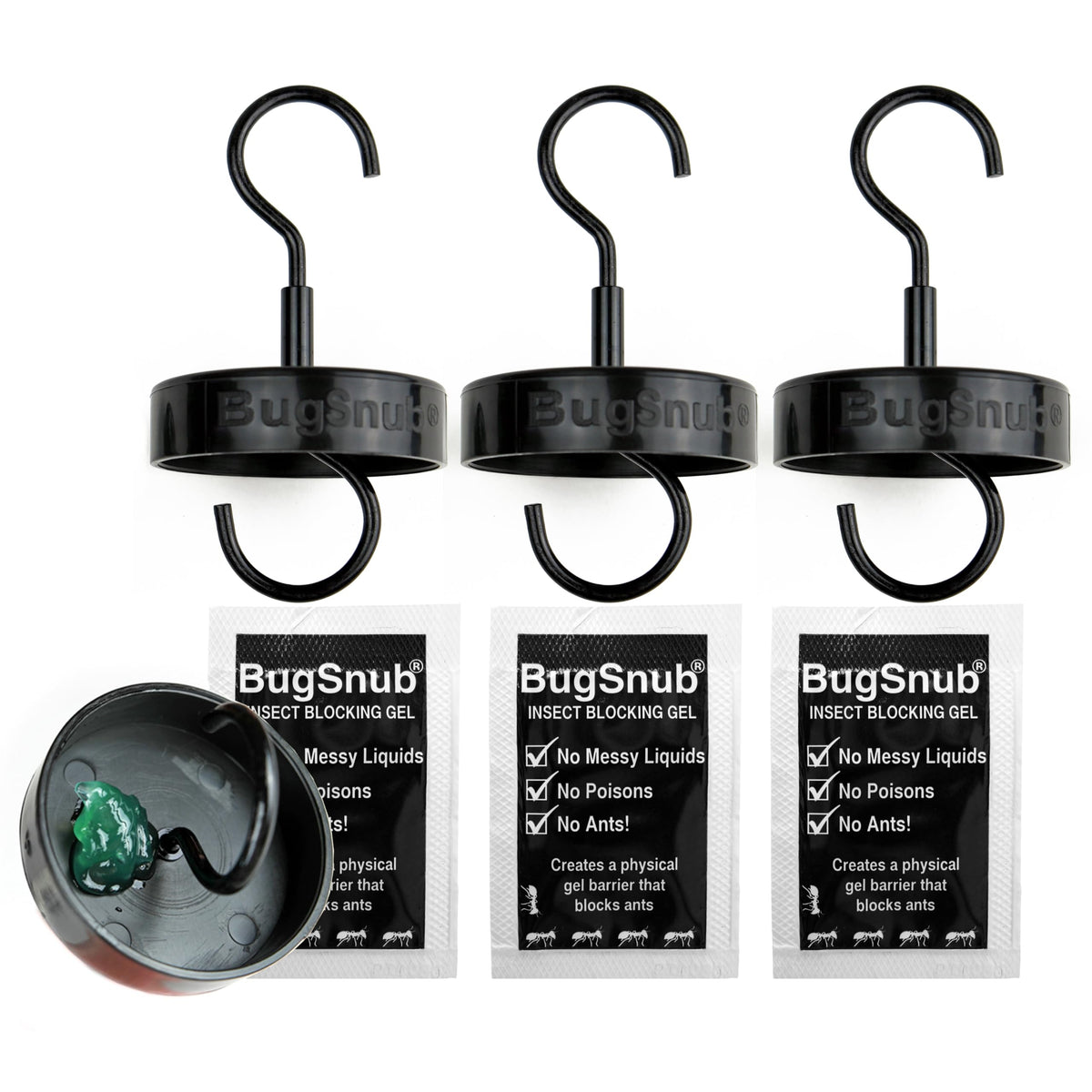 BugSnub Hanging Ant Guard 3-pack protects a hummingbird feeder from ants.