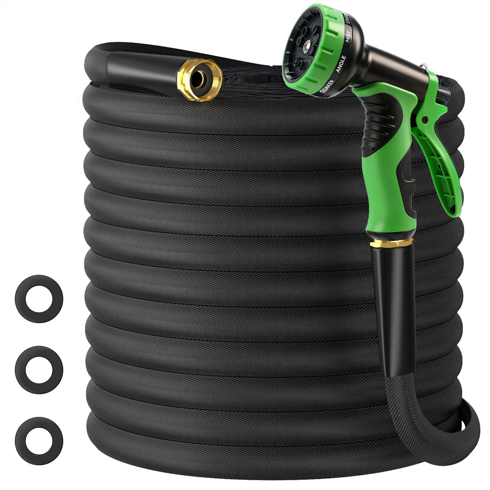 Buheco 100ft garden hose coiled for compact storage and easy portability.