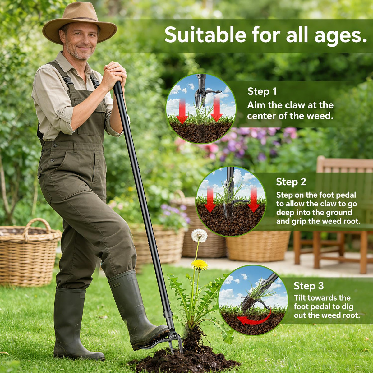 Buigndg weed puller easy-step tilt method for quick weed extraction.