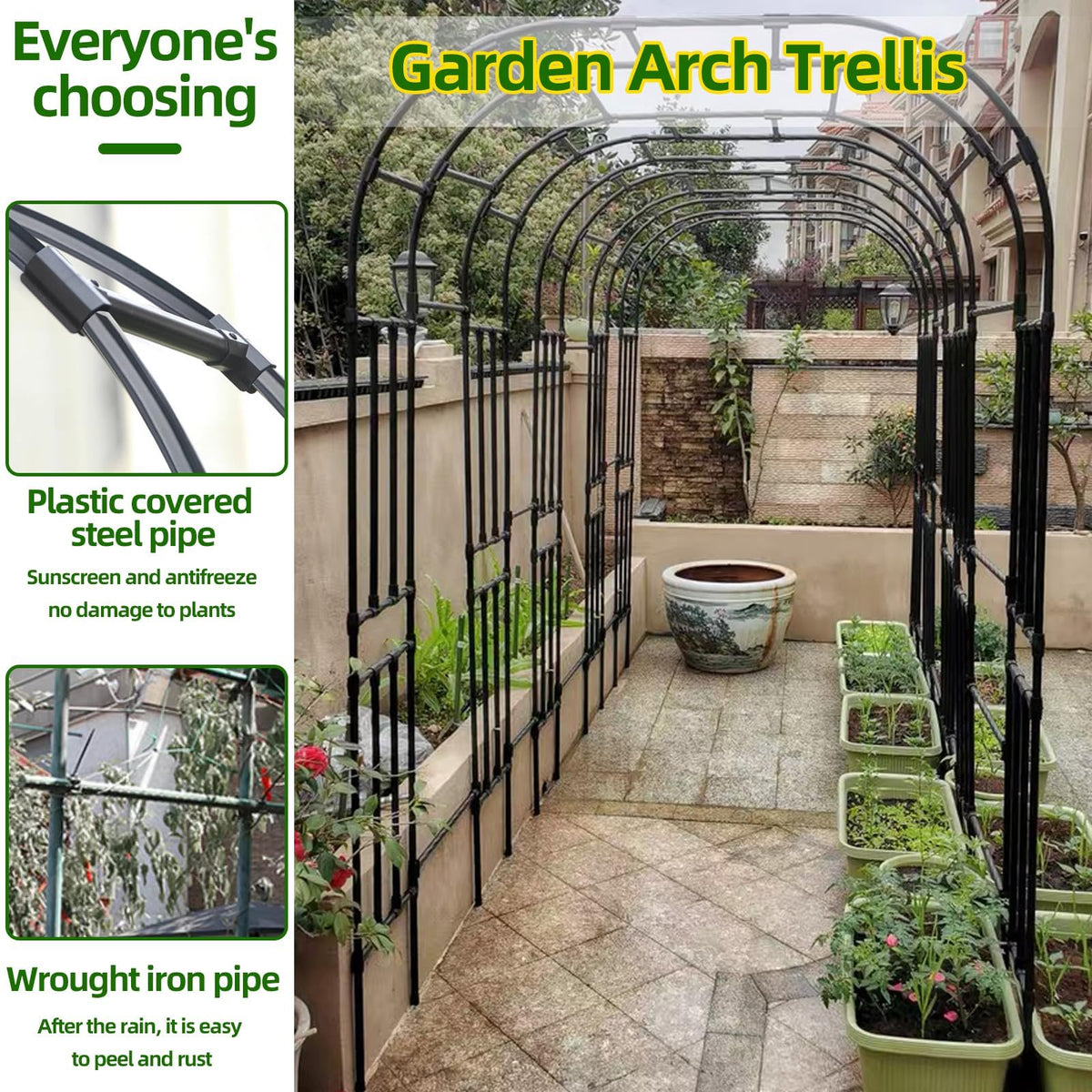 BUKLIYN Garden Arch Trellis with roses climbing along the arch boosts garden beauty.