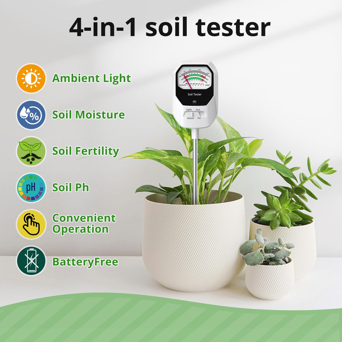 Buladeke soil meter displays pH, fertility, and light for balanced care.