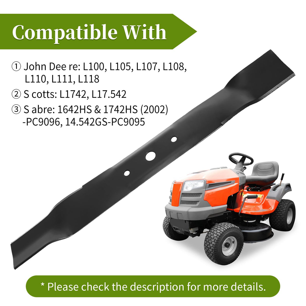 Bularie 42-inch deck compatibility chart confirms fit with John Deere mowers.