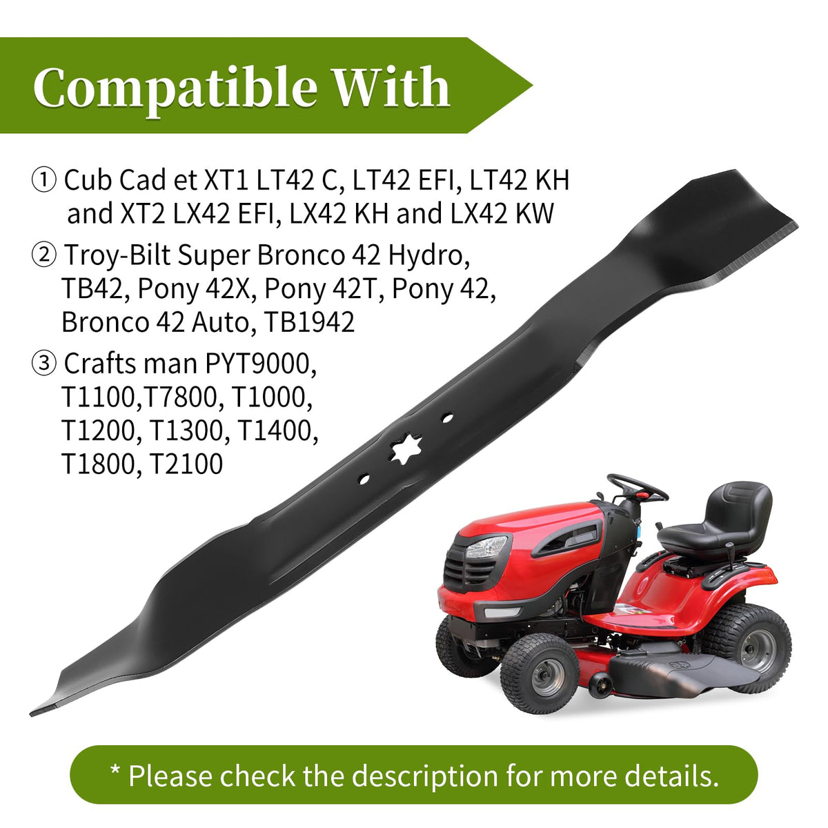 Bularie blade model compatibility with 42-inch mowers; clear fit guidance.