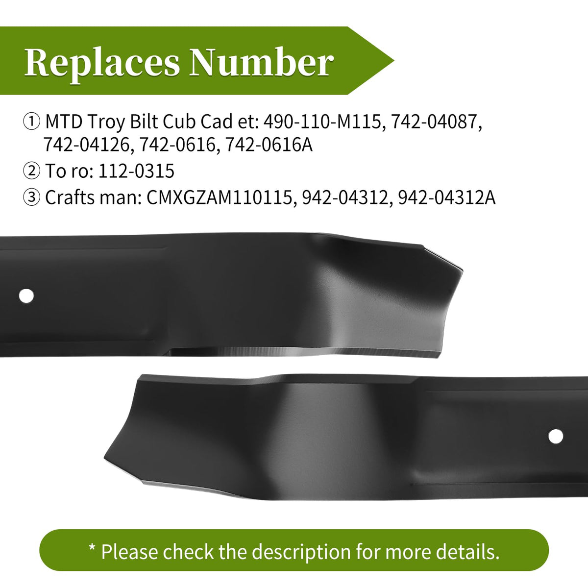 Bularie mulching blade compatible with Cub Cadet decks; easy install.