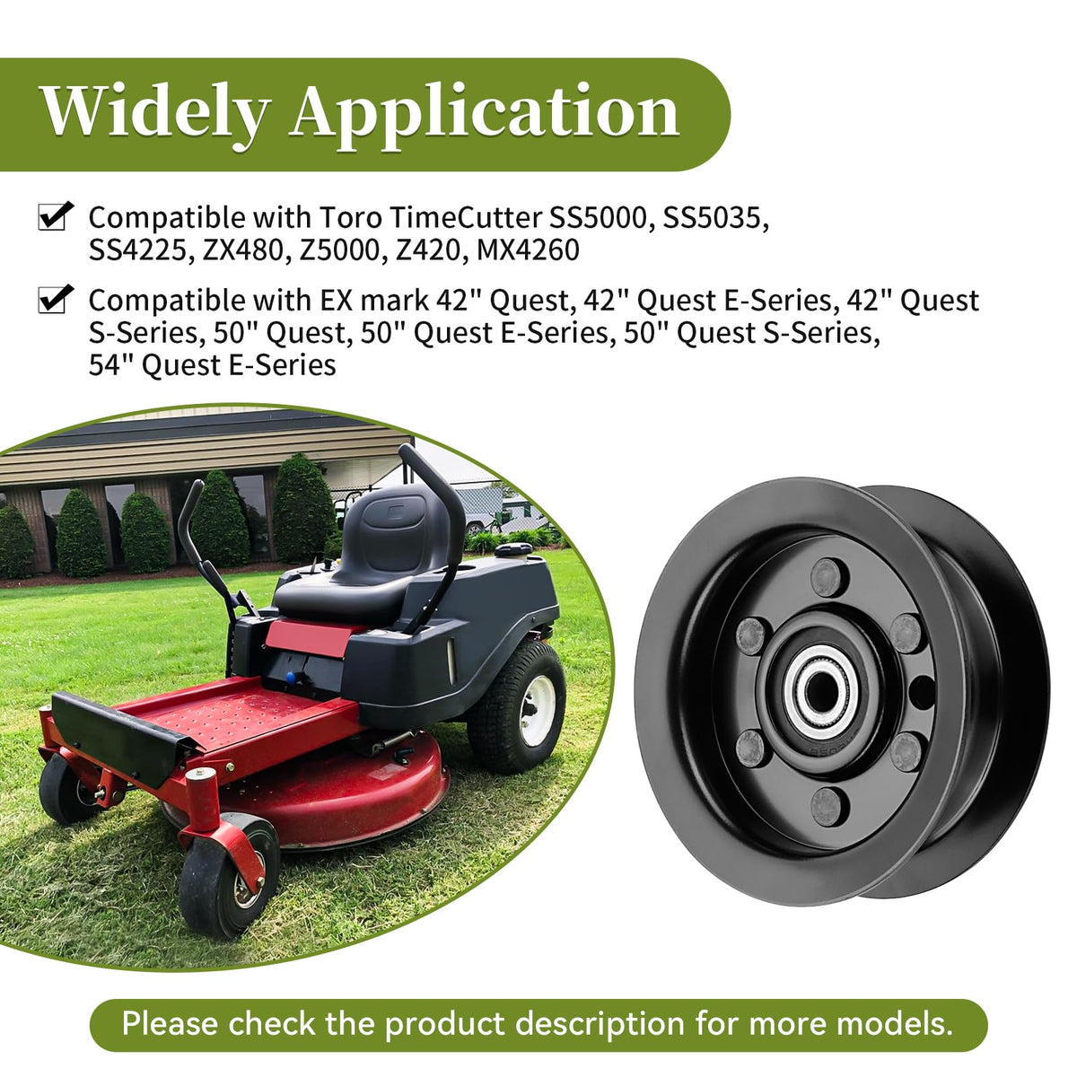 Metal construction highlighted, durable replacement for heavy-duty mowers