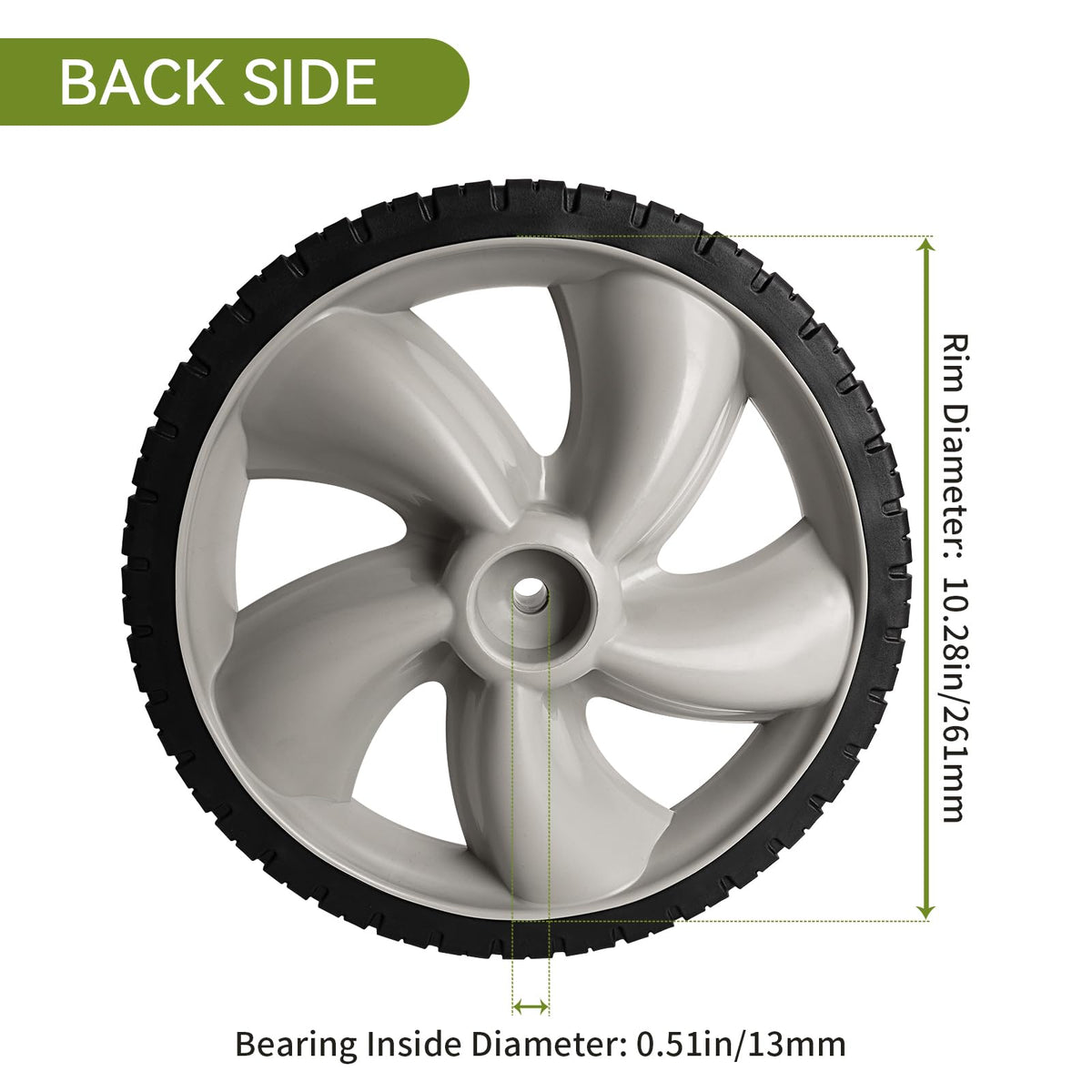 Bularie non-slip tread rear wheel improves grip on uneven terrain.