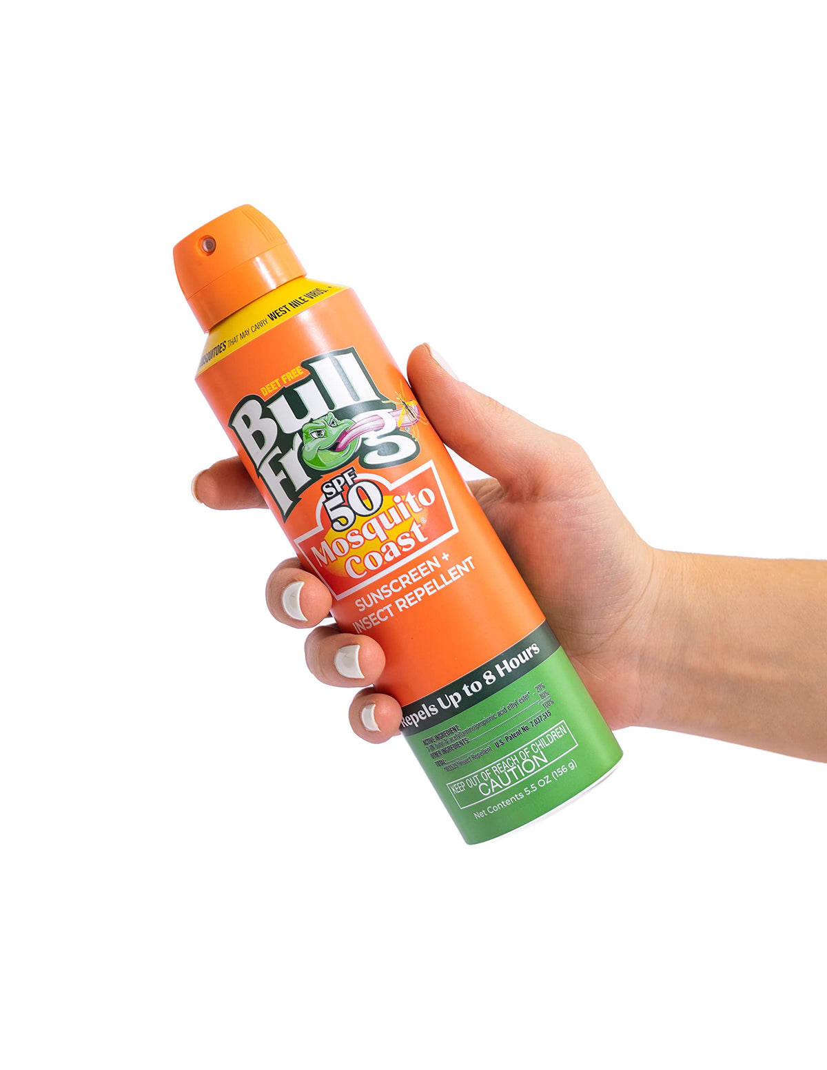Bullfrog Mosquito Coast SPF 50 sunscreen label close-up highlighting sun protection.