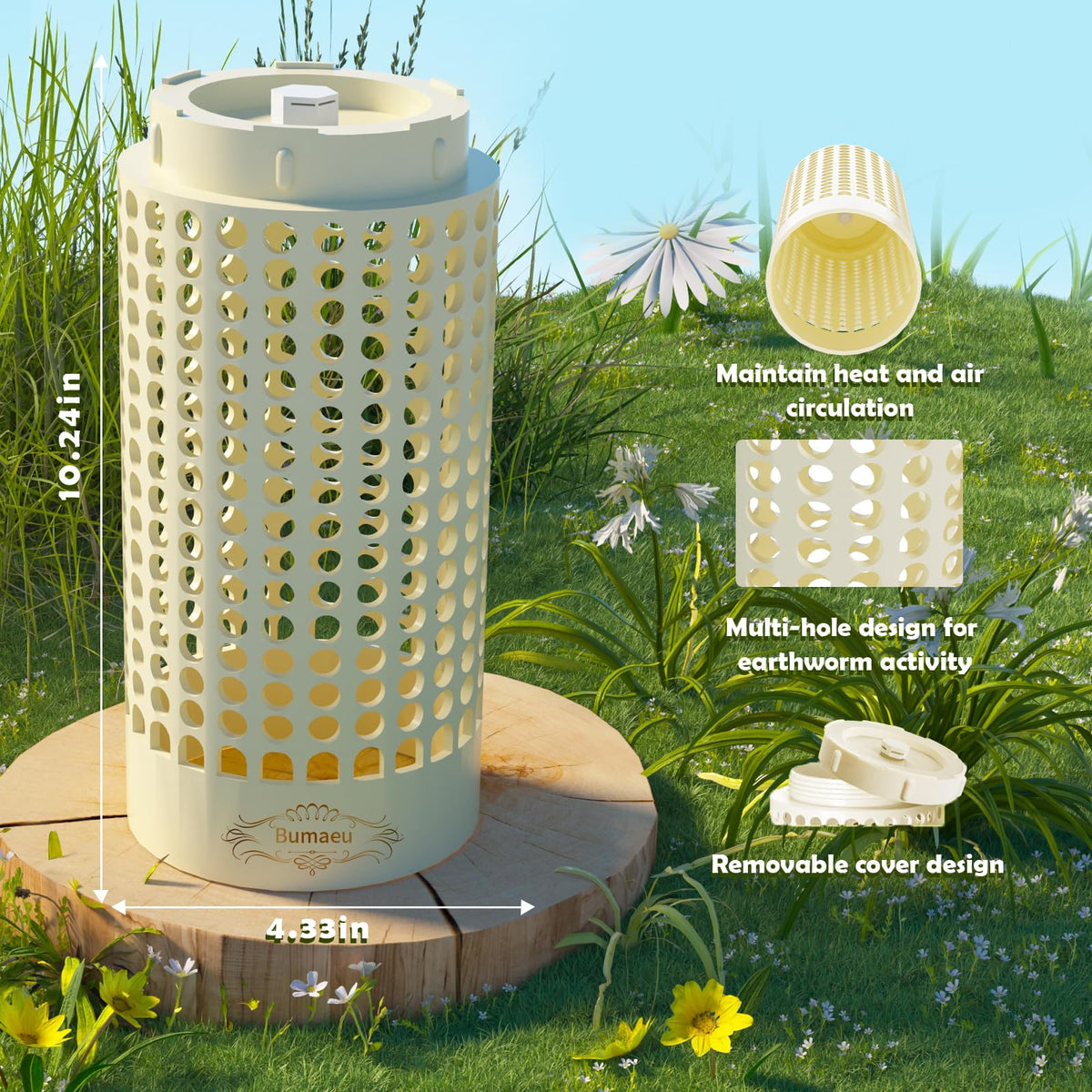 Bumaeu Worm Farm bin outdoor-ready for year-round composting in garden.