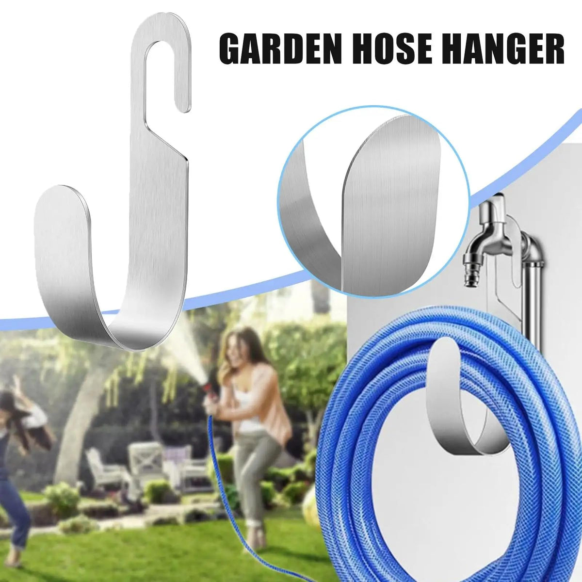 BunnyCare heavy-duty hose hanger showcases rugged stainless steel for outdoor use.