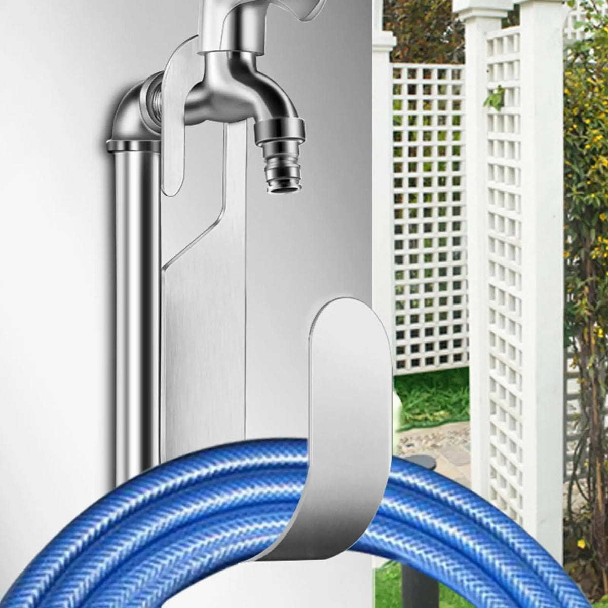 BunnyCare hose storage on faucet keeps hoses ready for watering tasks.
