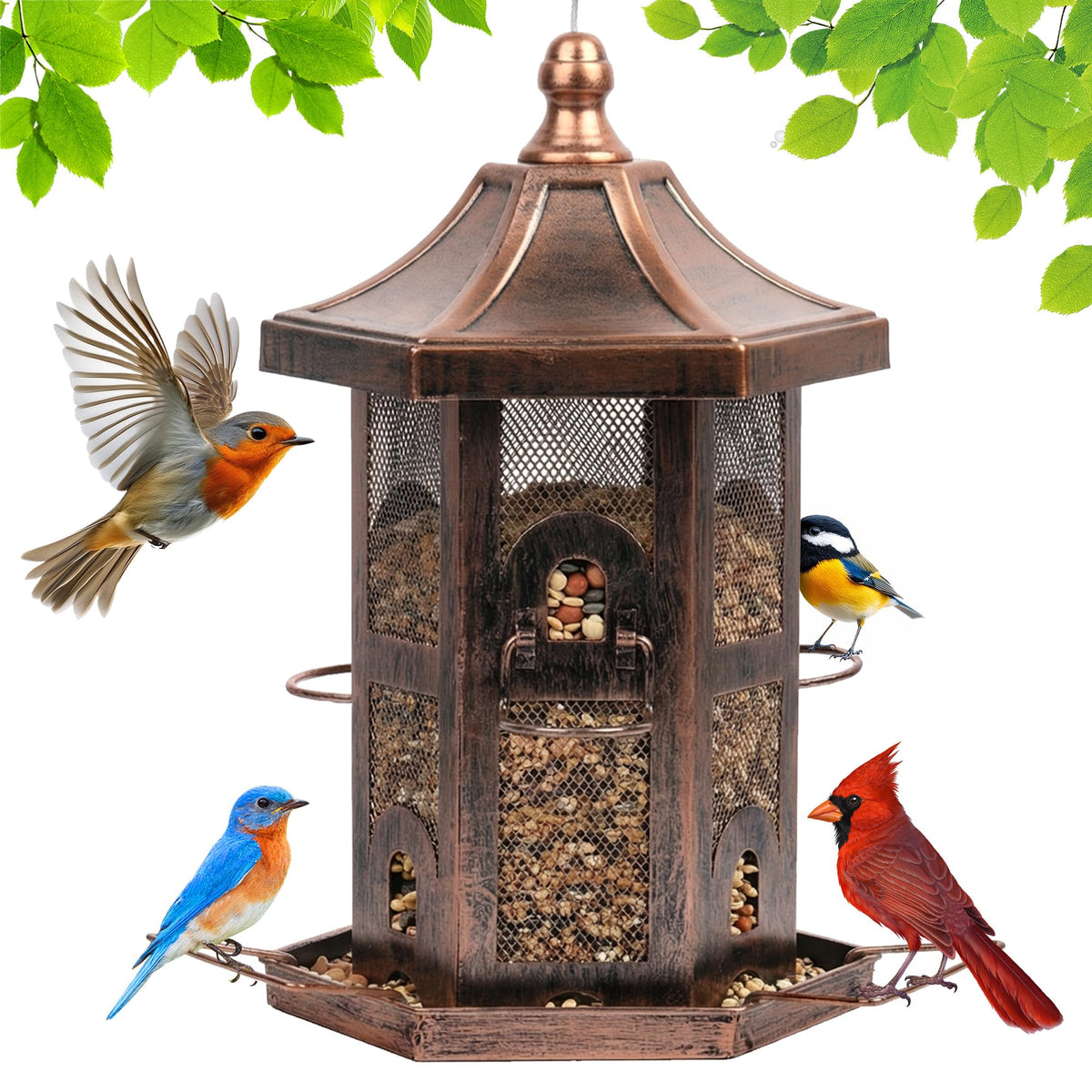 Bupioaa outdoor hanging bird feeder with a 360-degree tray for easy seed access