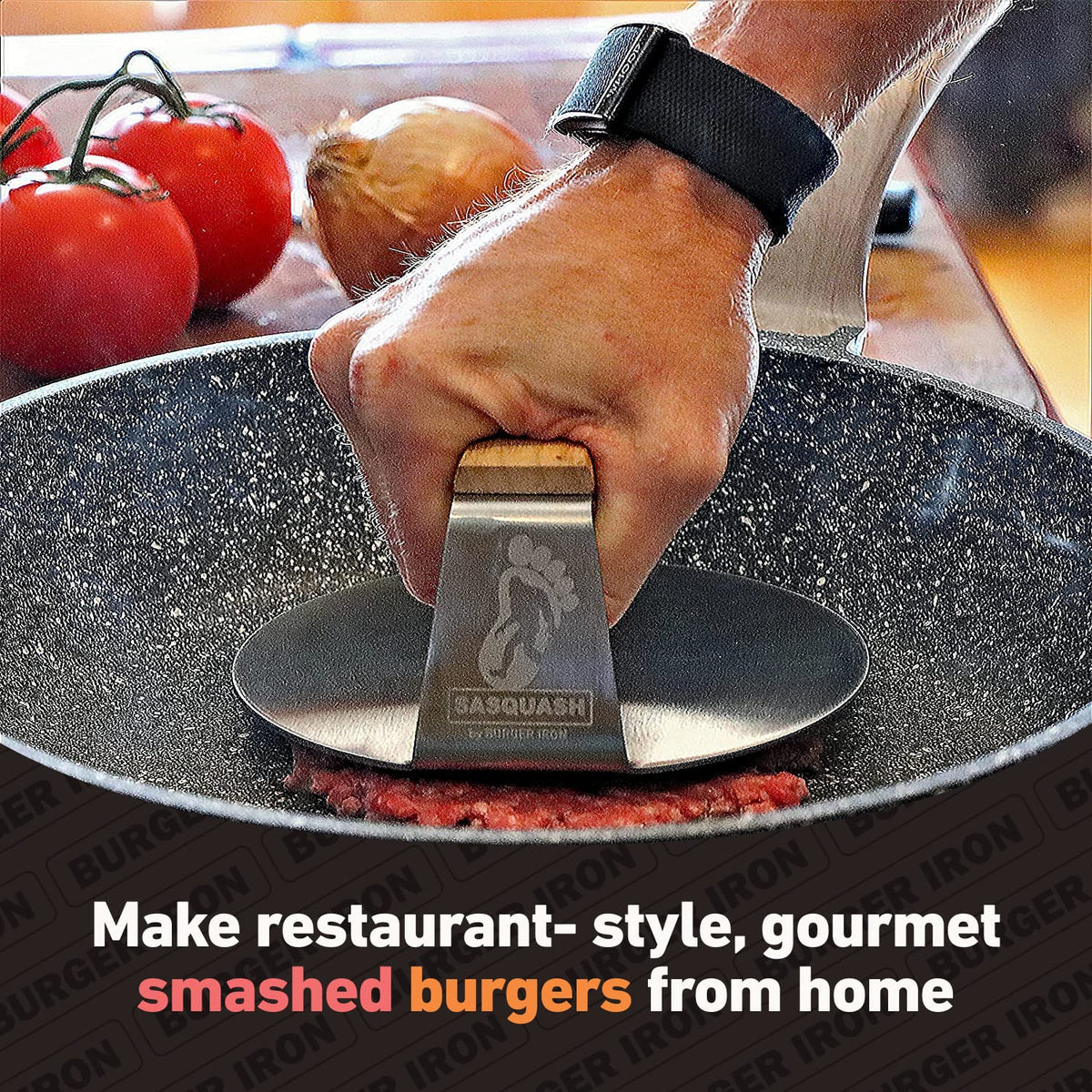 Burger Iron Sasquash Smash Press in-use on griddle demonstrates versatile kitchen cooking