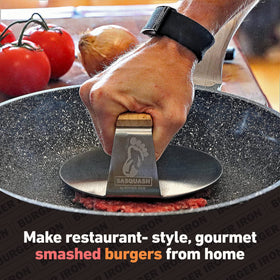 Burger Iron Sasquash Smash Press in-use on griddle demonstrates versatile kitchen cooking
