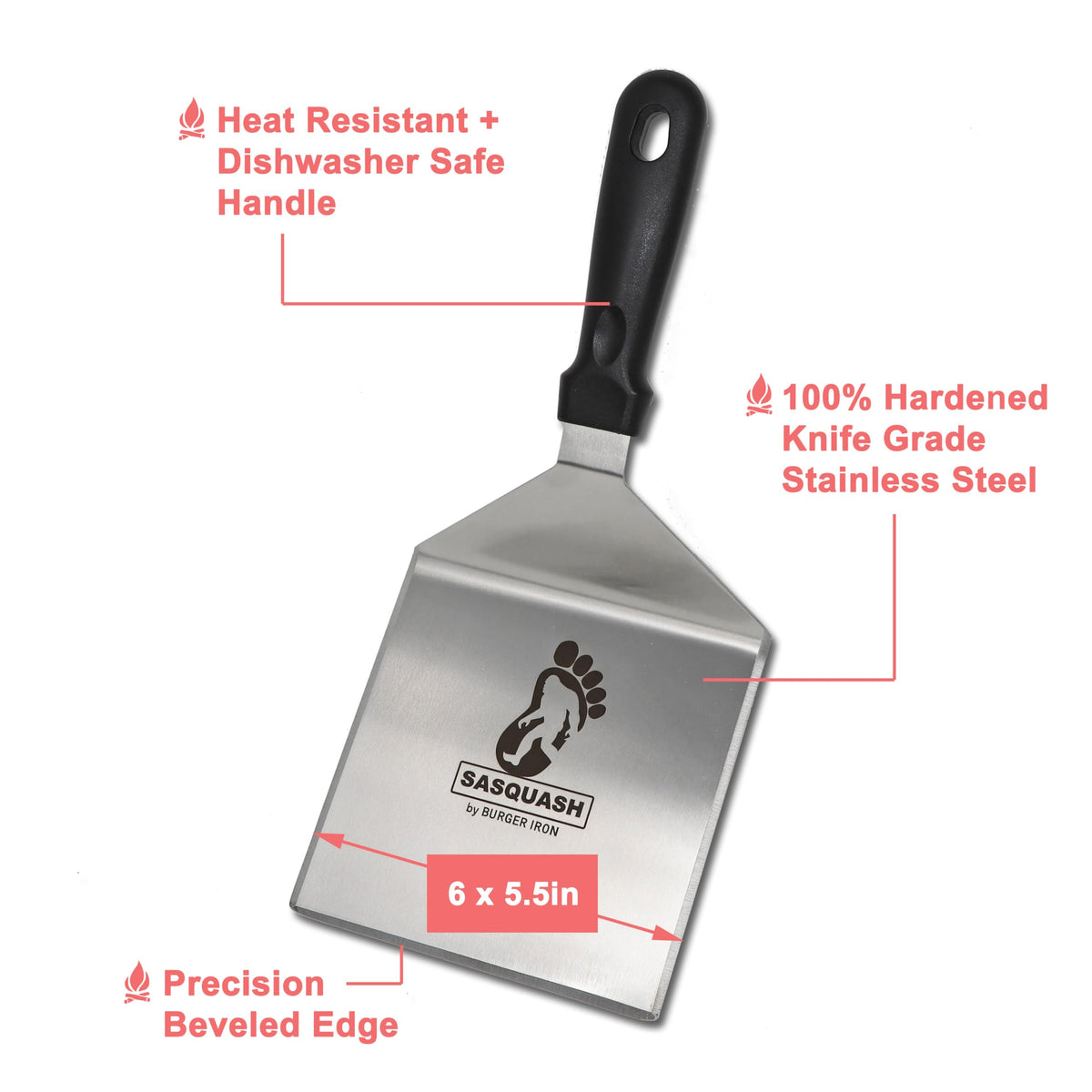 Burger Iron Sasquash spatula beveled edge slides under food for clean lifting.