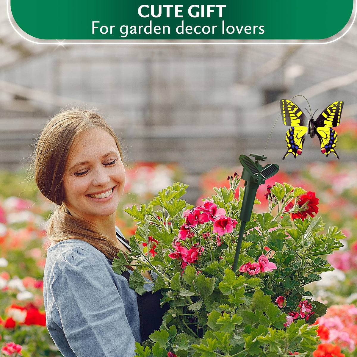 Burious battery-powered butterfly stake maintains motion in sun or shade