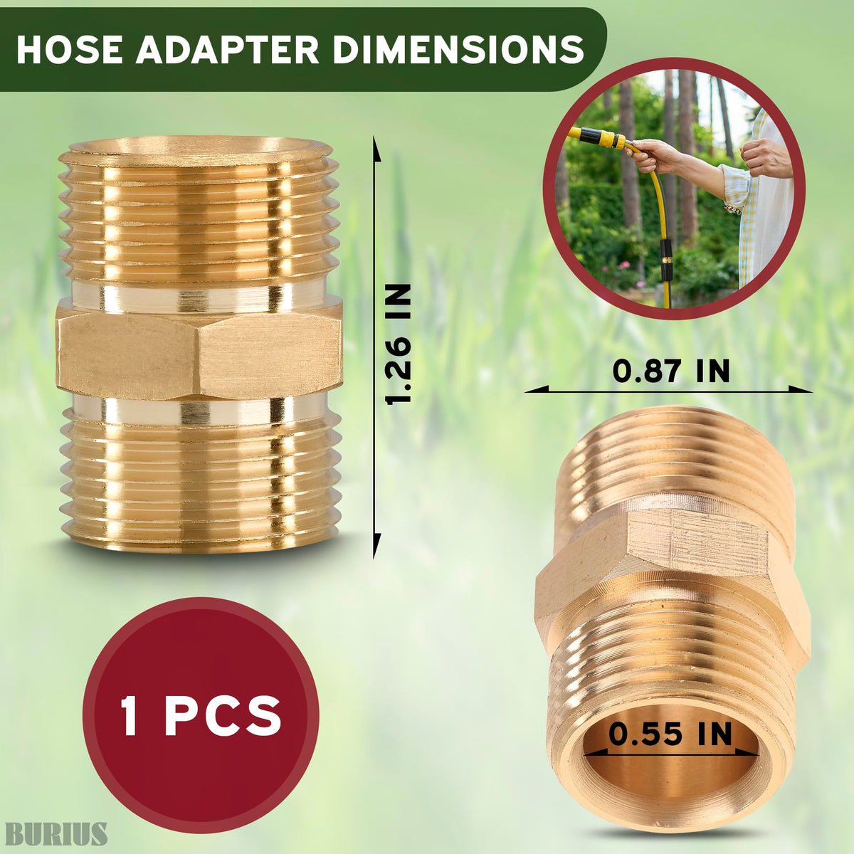 BURIUS brass pressure washer connector highlights durability and corrosion resistance.