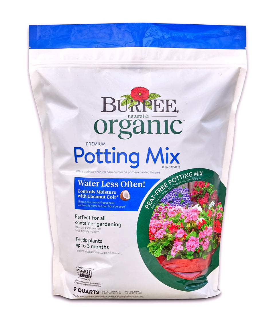Burpee 9-quarts potting mix bag exterior demonstrating premium organic soil for containers.
