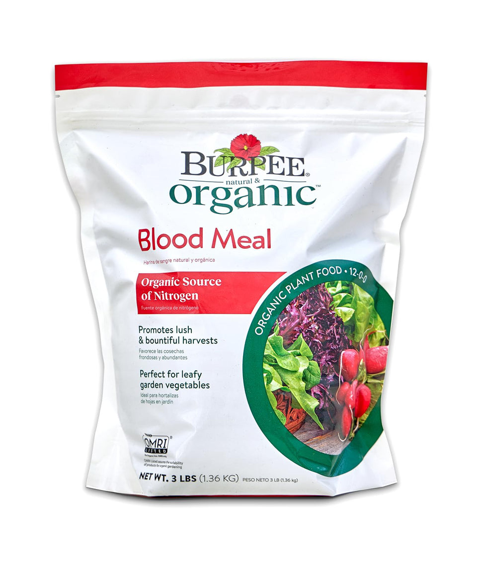 Burpee Blood Meal 12-0-0 bag boosts soil nitrogen for healthy vegetables.