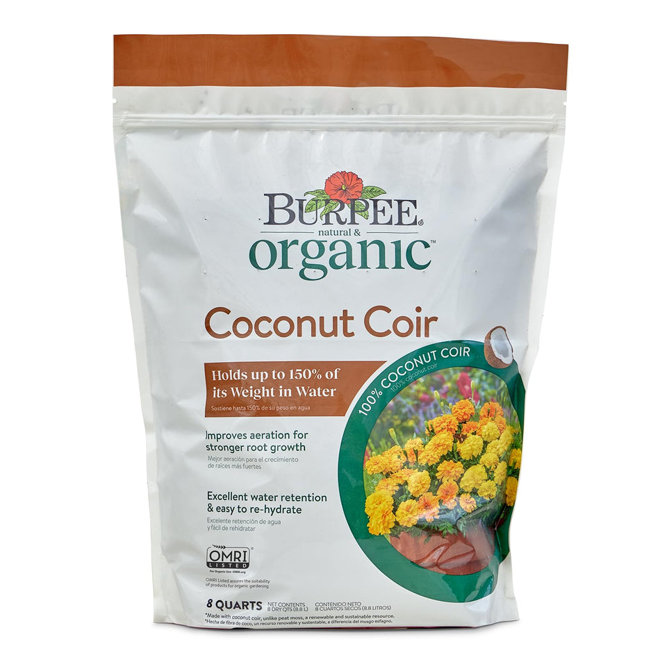 Burpee coconut coir 8 qt bag front view for sustainable gardening