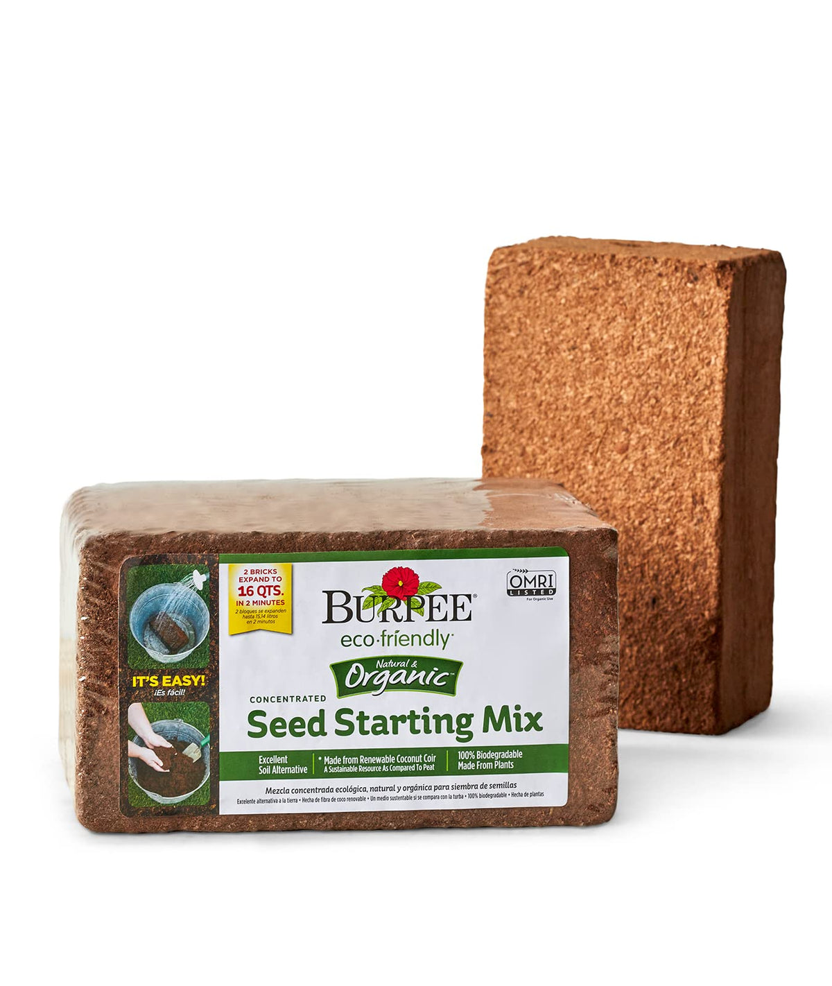 Burpee coconut coir brick dry, compact storage for seed starting.