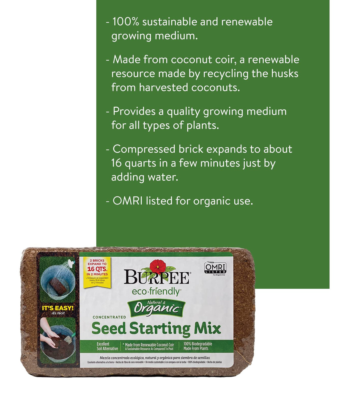 Burpee coconut coir brick expanded, ready-to-use seed starting medium.