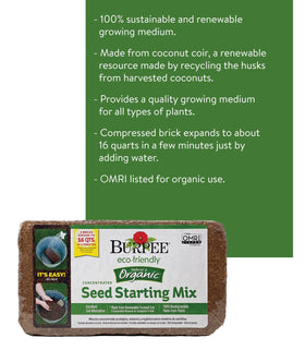 Burpee coconut coir brick expanded, ready-to-use seed starting medium.