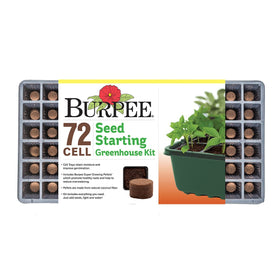 Burpee greenhouse dome cover over seed-starting tray for humidity and warmth