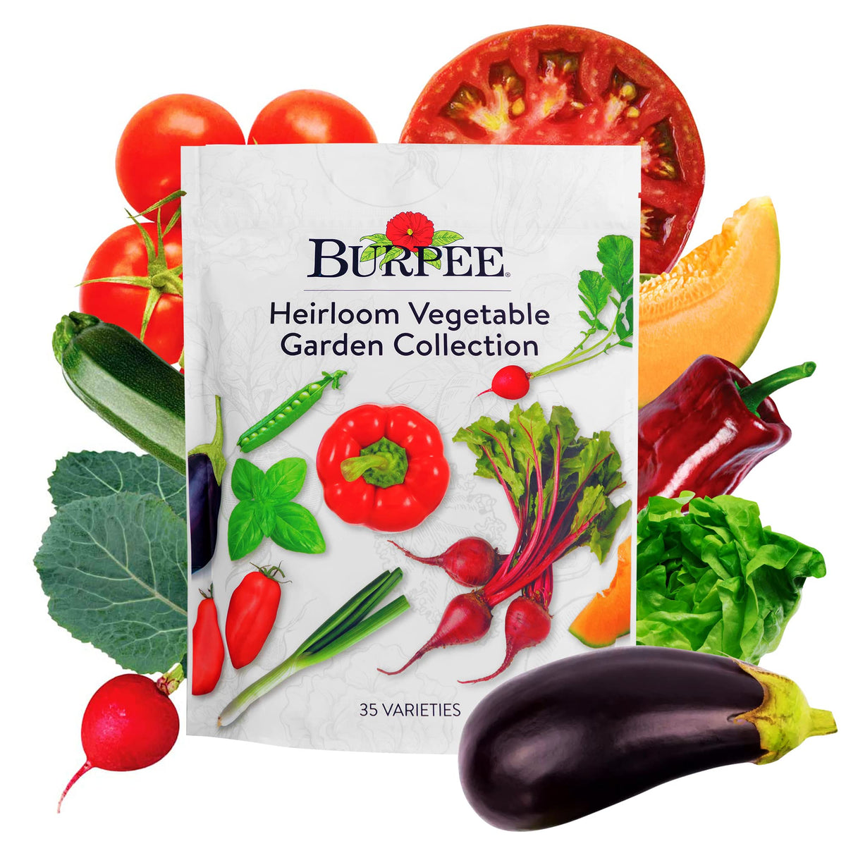 Burpee Heirloom Collection seed packet, showcasing diverse varieties for a home garden.