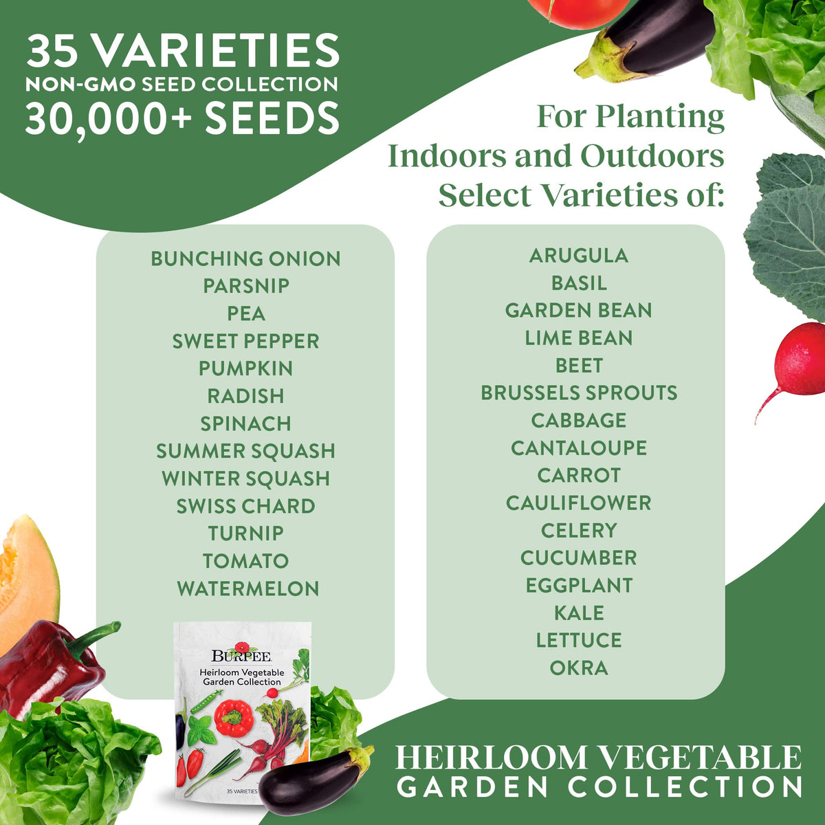 Burpee Heirloom seeds variety assortment, ideal for season-long planting.