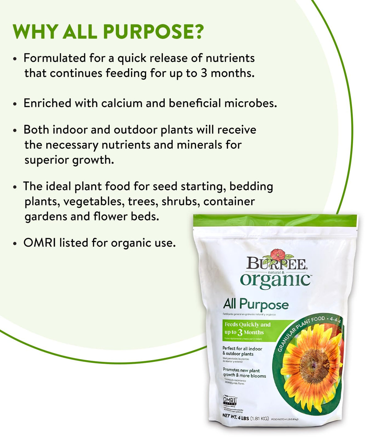 Burpee Natural Purpose granular nourishes flowers and herbs for vibrant blooms.