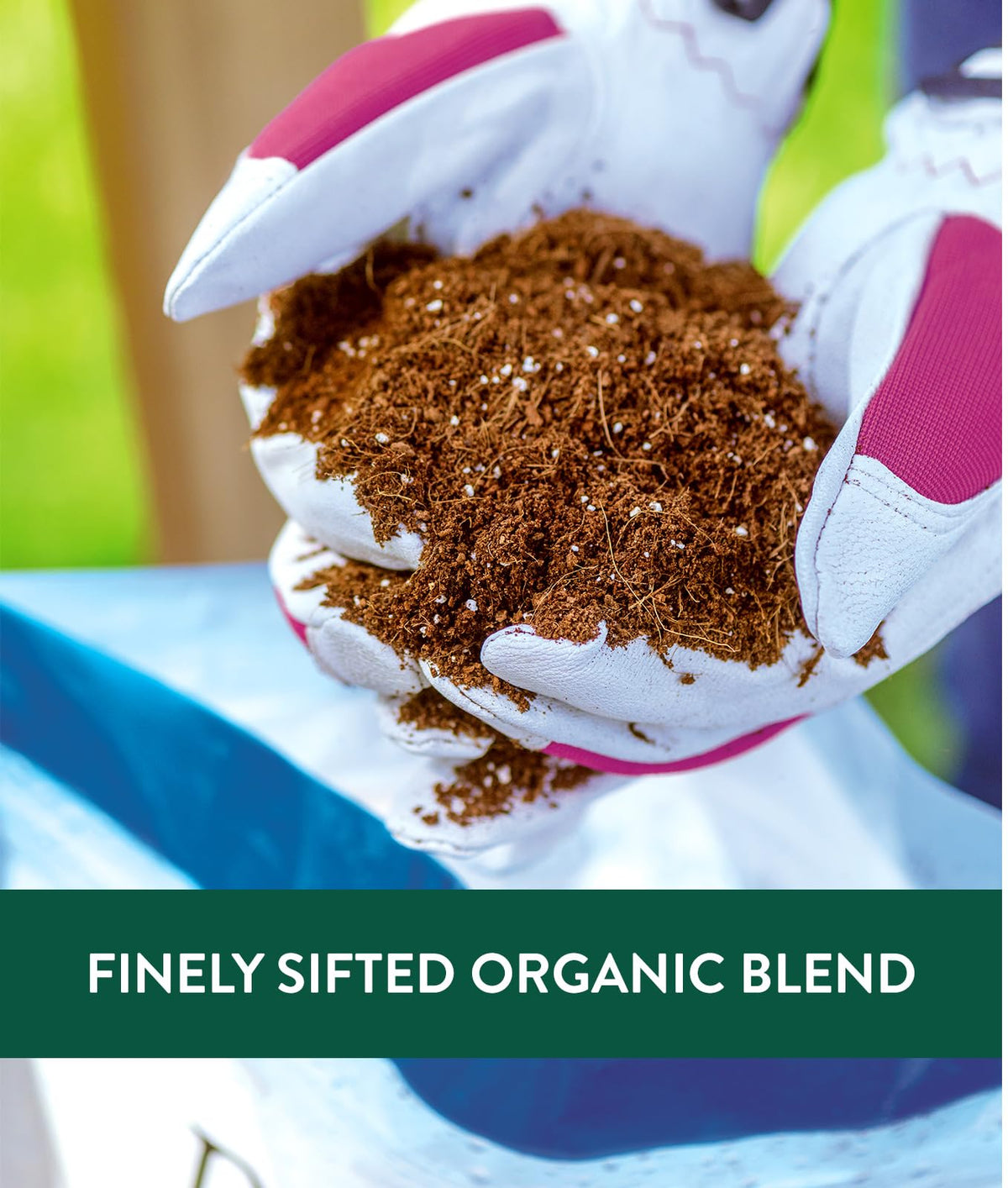 Burpee organic potting mix coconut coir detail highlights moisture-retaining ingredient.