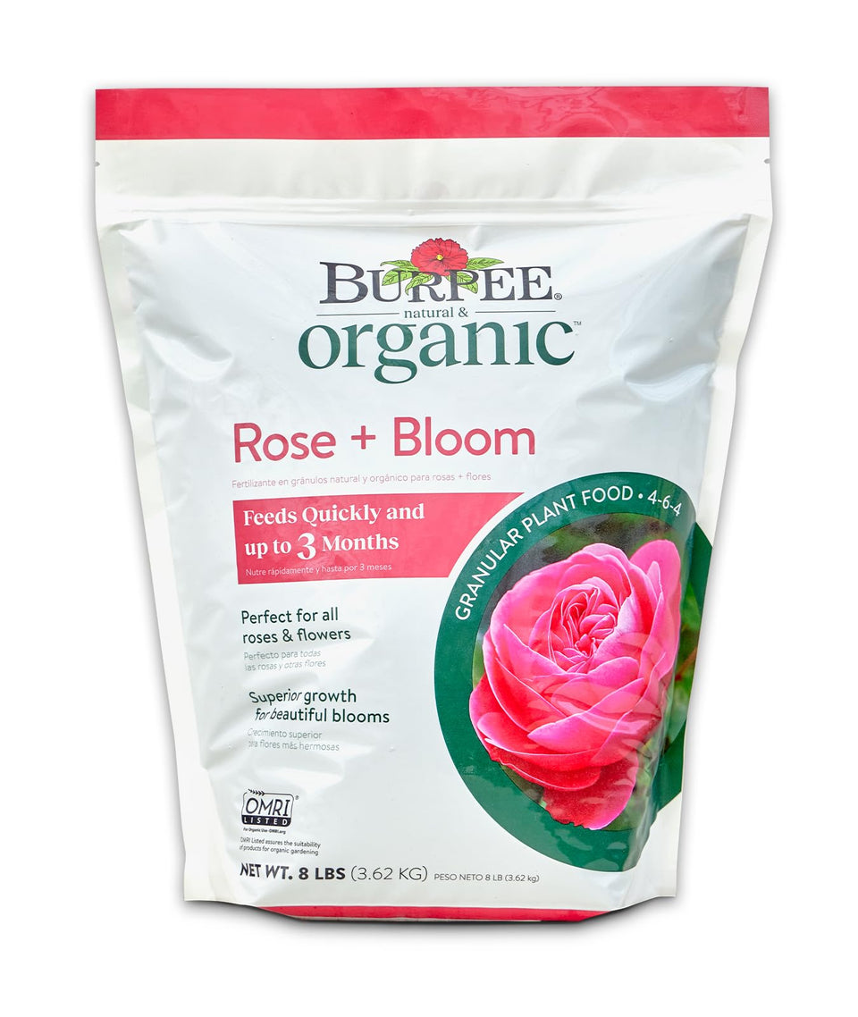 Burpee Organic Rose Bloom granular bag ready for garden use in containers and beds.