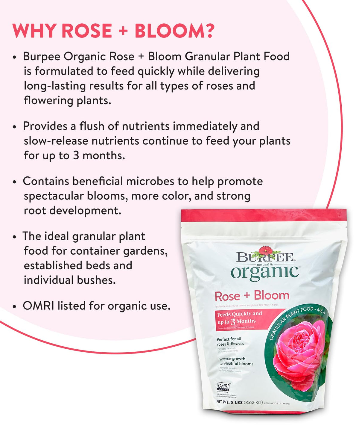 Burpee Organic Rose Bloom granular with beneficial microbes supporting soil biology.