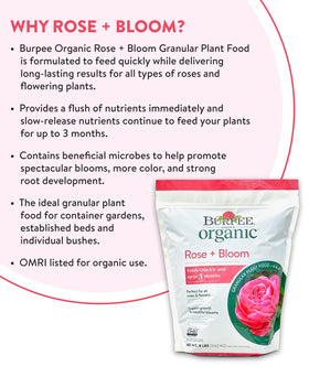 Burpee Organic Rose Bloom granular with beneficial microbes supporting soil biology.