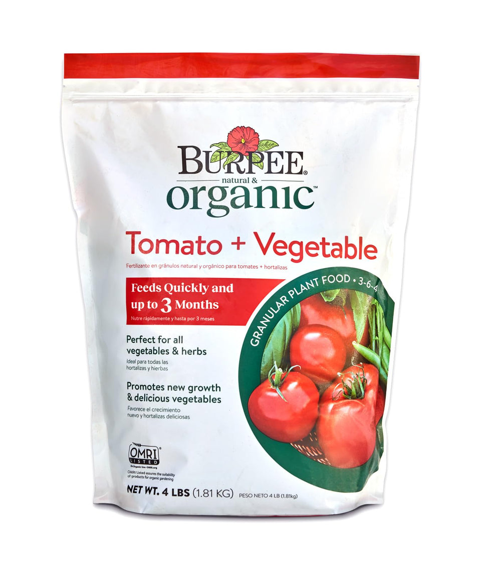 Burpee Organic Tomato & Vegetable Plant Food bag shows long lasting nutrition for gardens