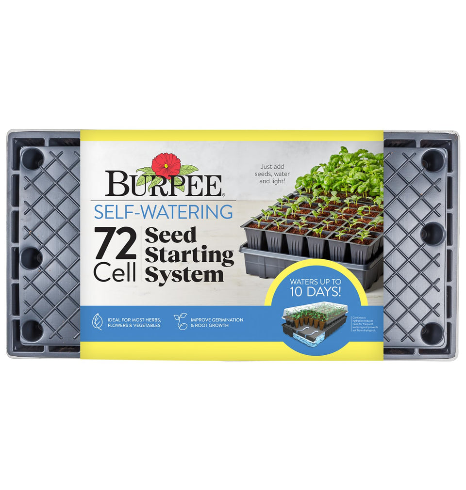 Burpee self-watering seed starter tray with 72 cells for organized seed germination.