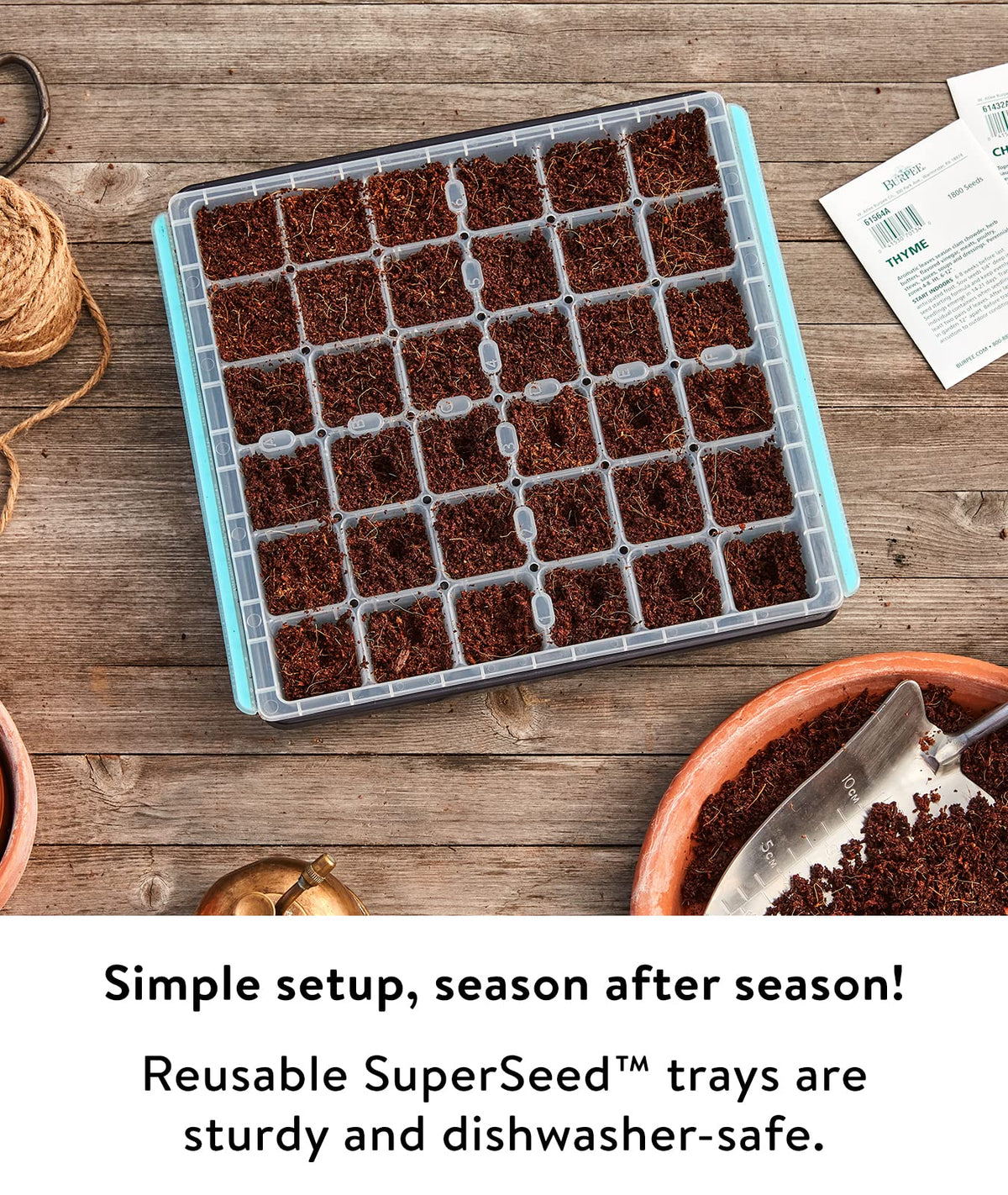 Burpee SuperSeed tray features drainage slots to improve soil aeration.