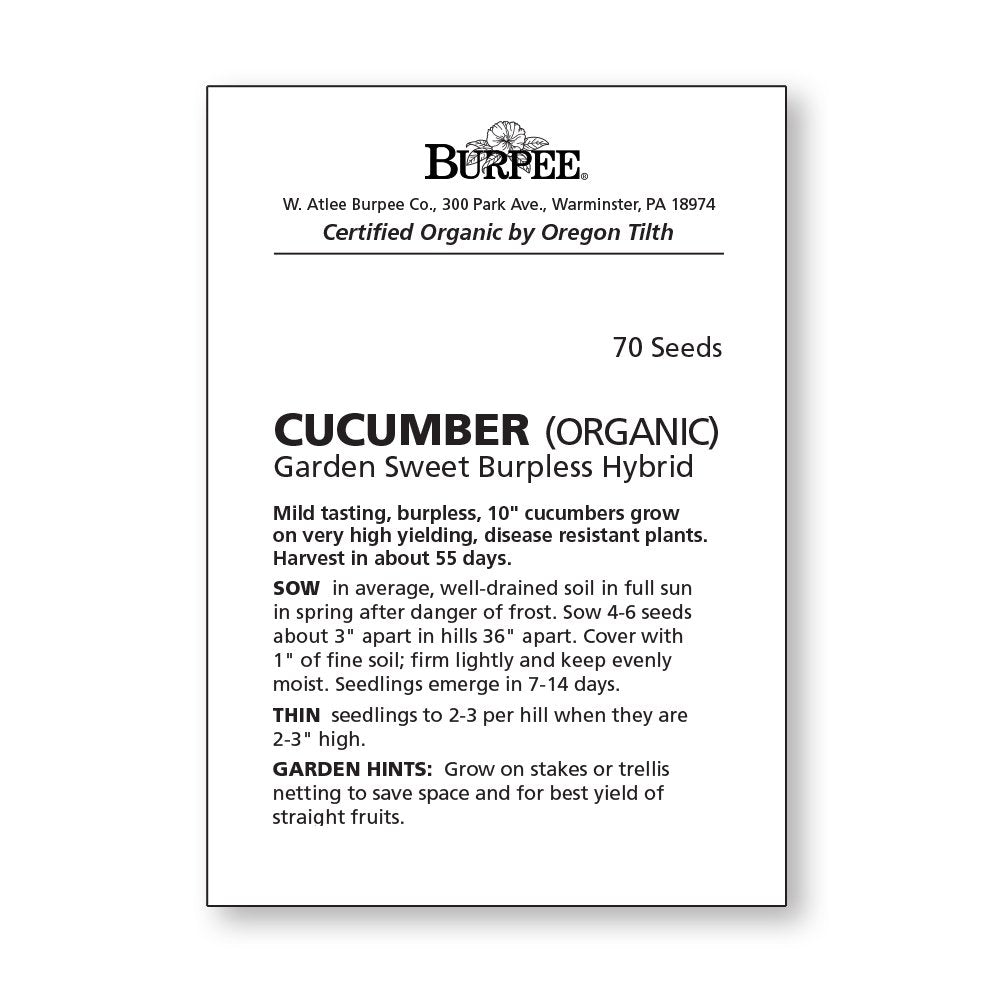 Garden scene with Burpee seeds ready to plant for crisp slicing cucumbers