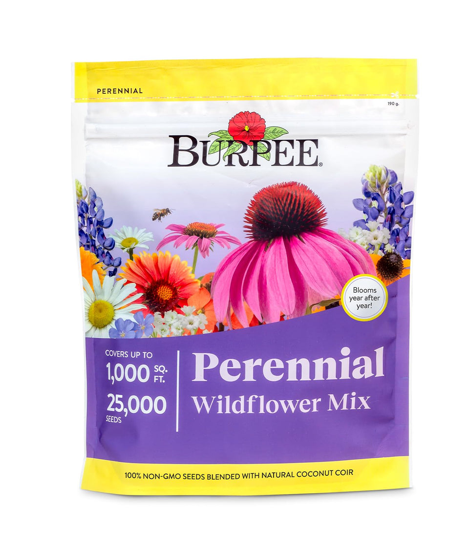Burpee Wildflower 25,000 bulk seeds bag attracts pollinators in sunny gardens.