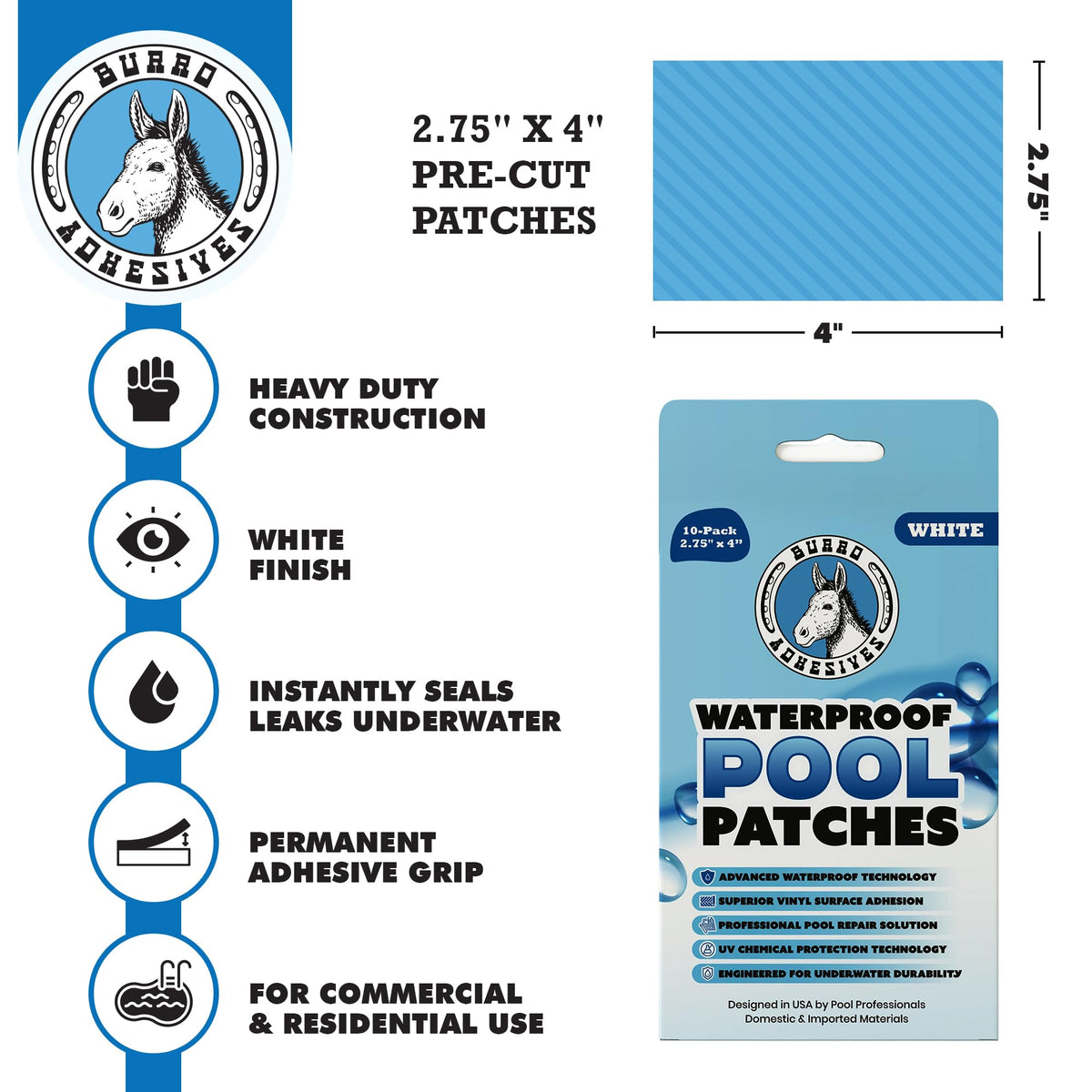 Burro patch shown underwater provides a durable watertight seal