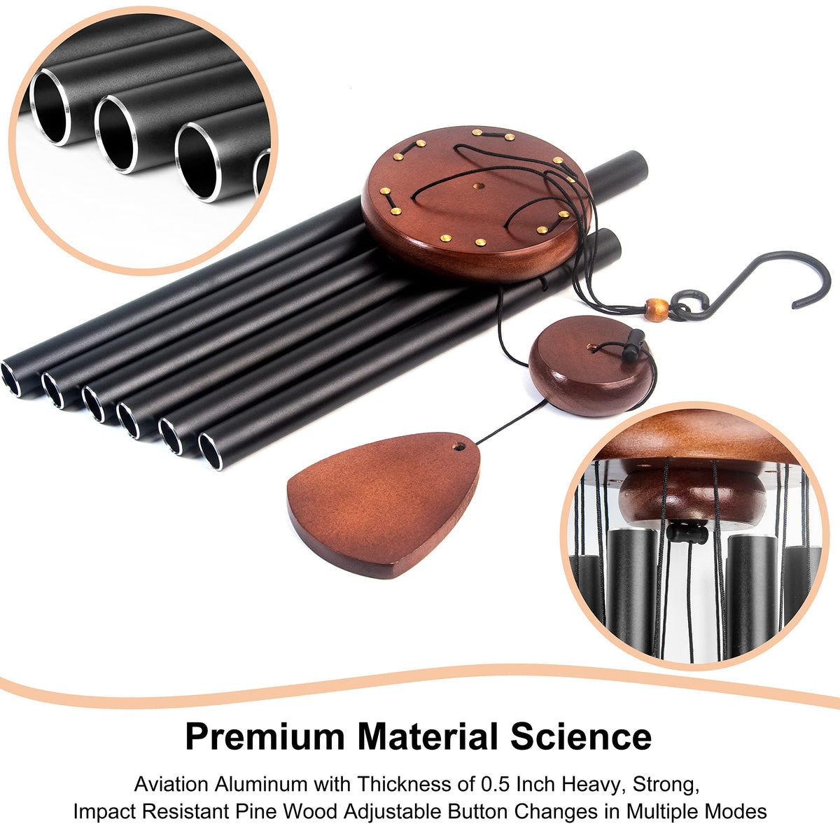 Six black anodized tubes provide durable, weather-resistant decor for outdoor spaces.