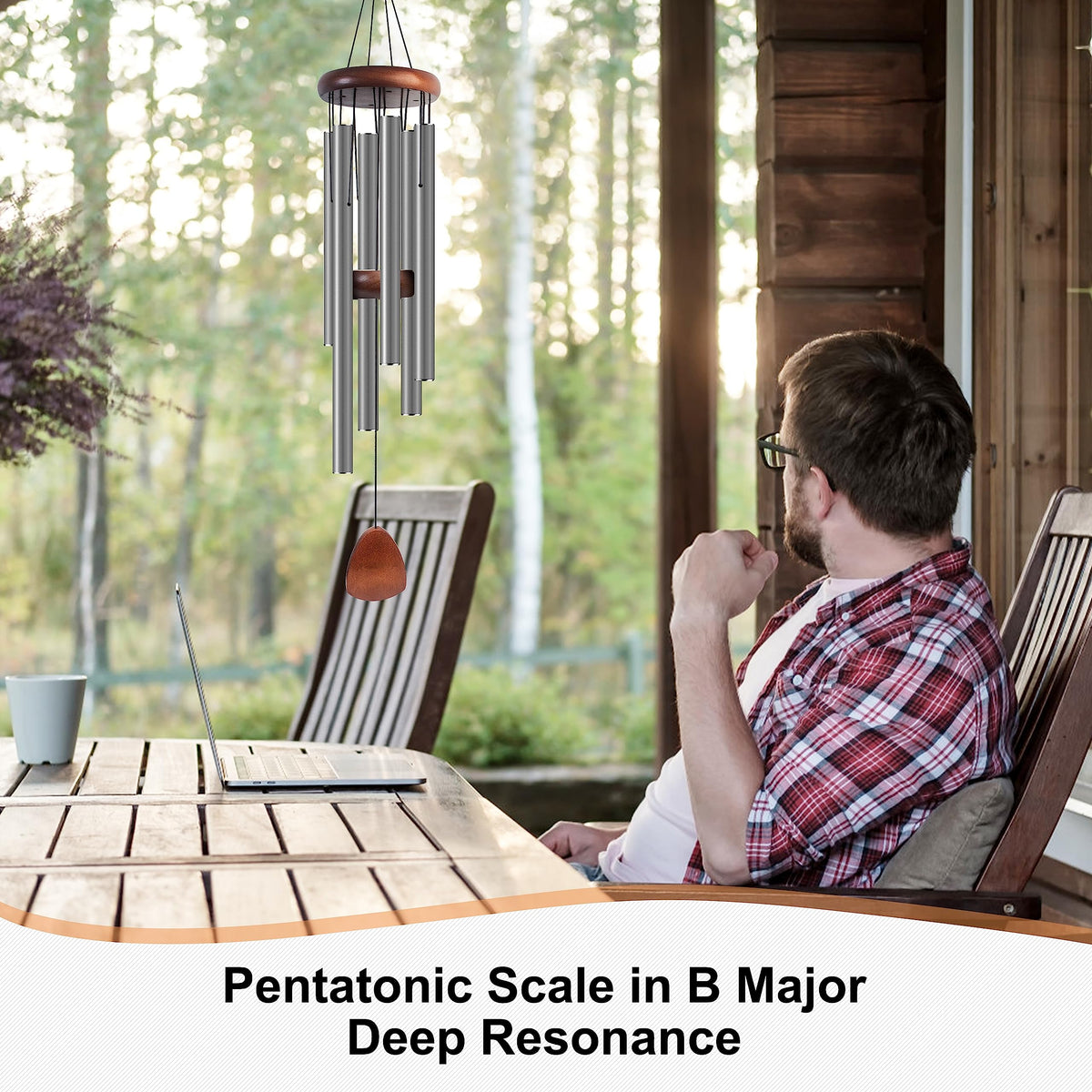 Bursvik wind chimes 37 inch silver gray in a patio setting for tranquility.