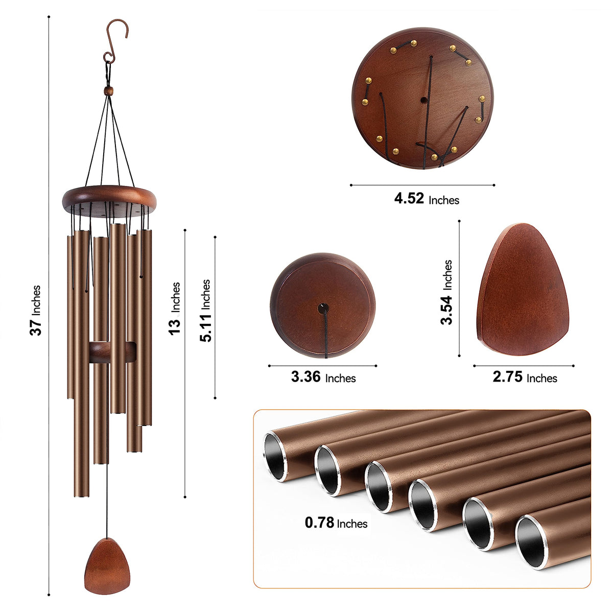 Bursvik wind chimes coffee color tubes closeup highlights durable aluminum construction