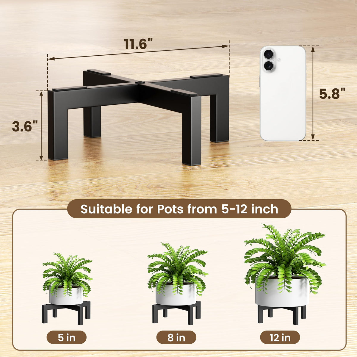 bussdis fits pots 5 to 12 inches in diameter.