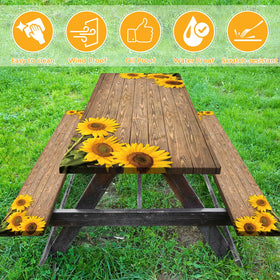 Butaluk bench cover with sunflower wood texture shields benches from spills and sun.