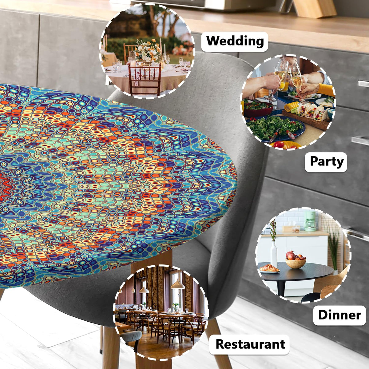 Butaluk round tablecloth fits tables from 36 to 52 inches for versatile setups.