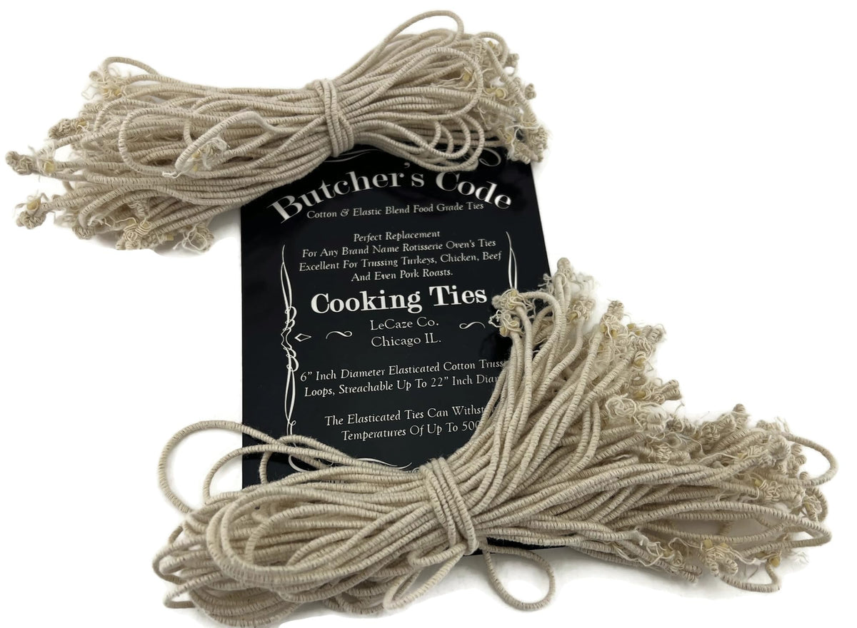 Butcher's Code rotisserie ties help roasts stay intact and reduce mess.