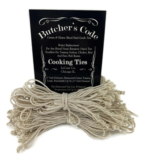 Butcher's Code rotisserie ties stretched to 360% for secure poultry trussing.