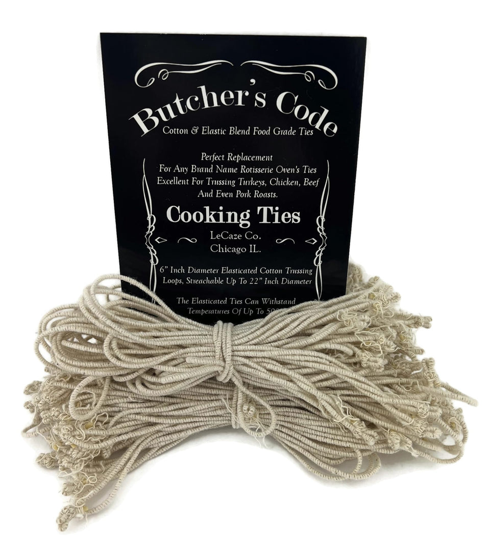 Butcher's Code rotisserie ties stretched to 360% for secure poultry trussing.